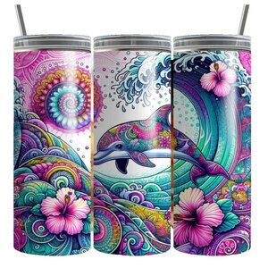 Summer Vibe Sunset Dolphin  Ocean   20oz Skinny Tumbler Travel Insulated